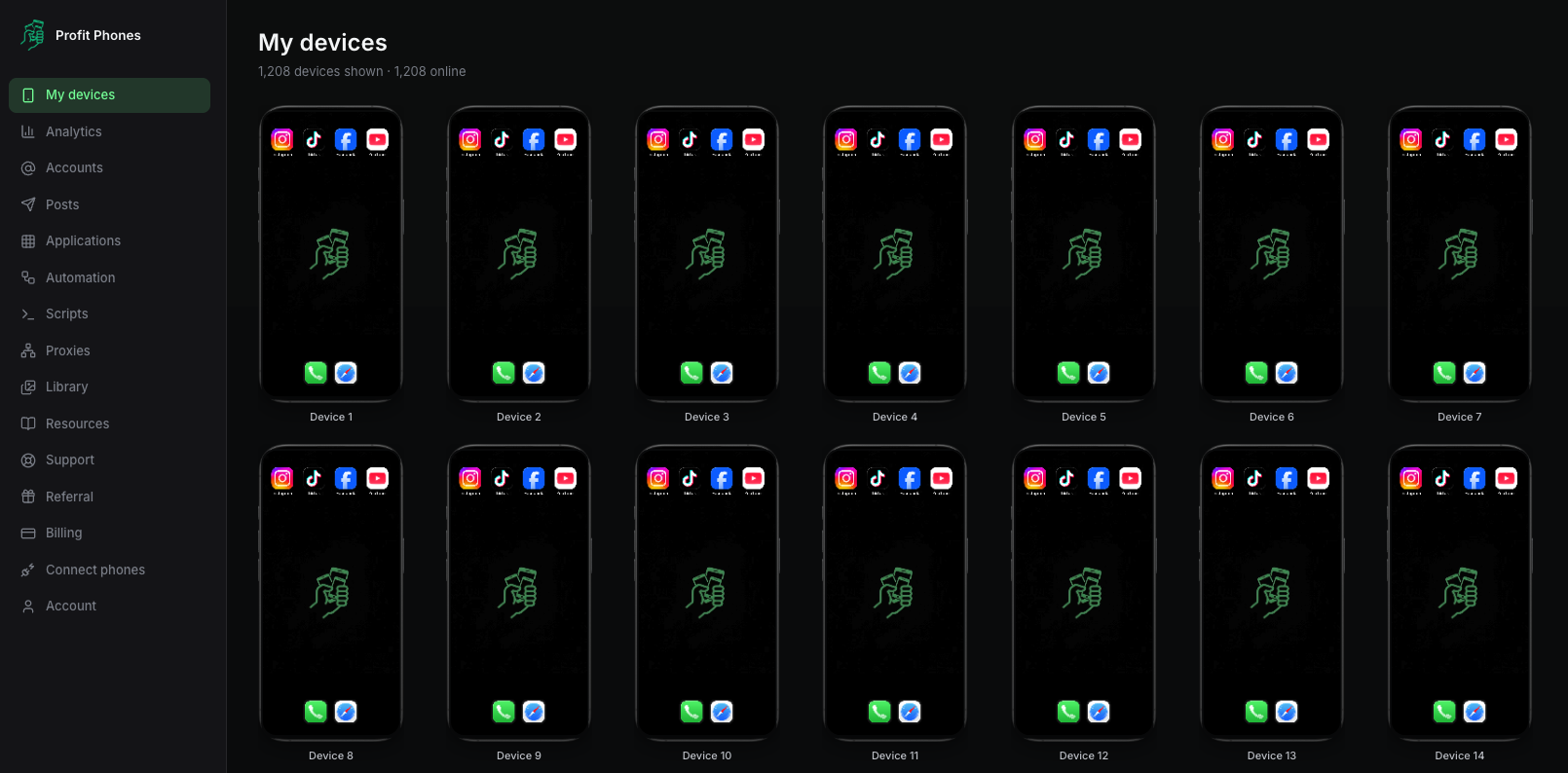 The Profit Phones portal: every phone in the farm live on one page